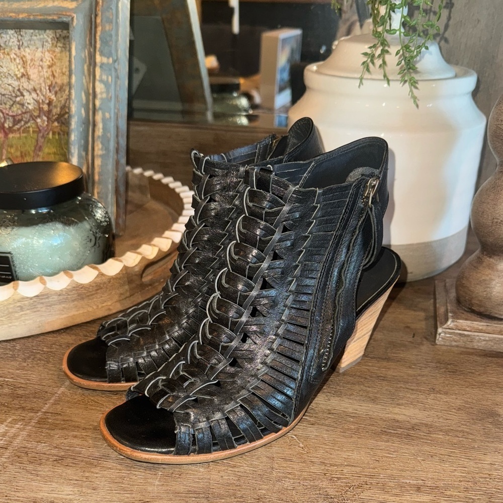 Paul Green MIRANDA Woven Leather Black Zip Up Heeled Peep Toe Sandals Heels 8 - Picture 2 of 7